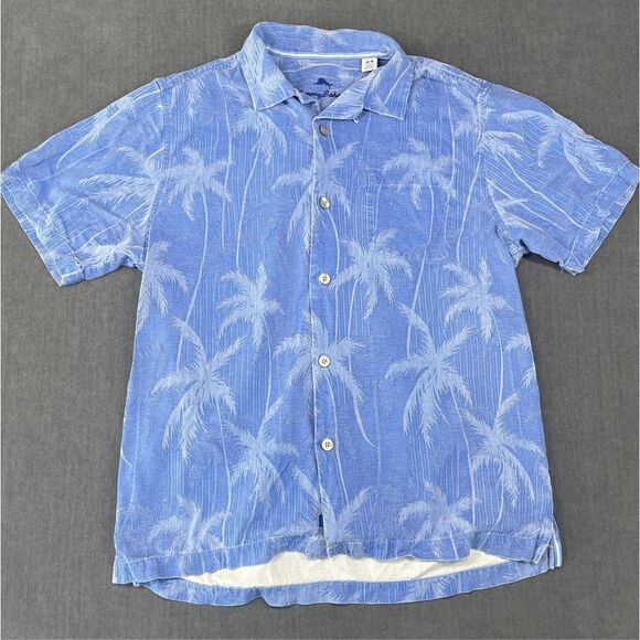 Tommy Bahama Shirt Men M Blue Button Front Palm Trees Short Sleeve Resort Casual - Picture 1 of 8